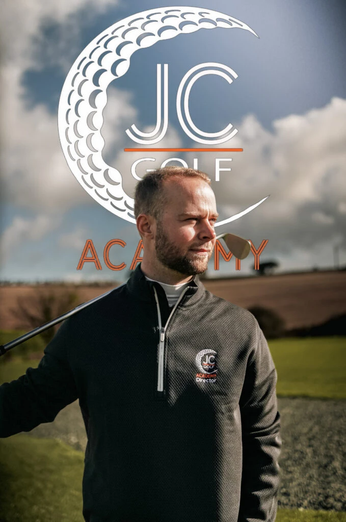 Jamie Crocker with a club over his shoulder, below the JC Golf Academy logo