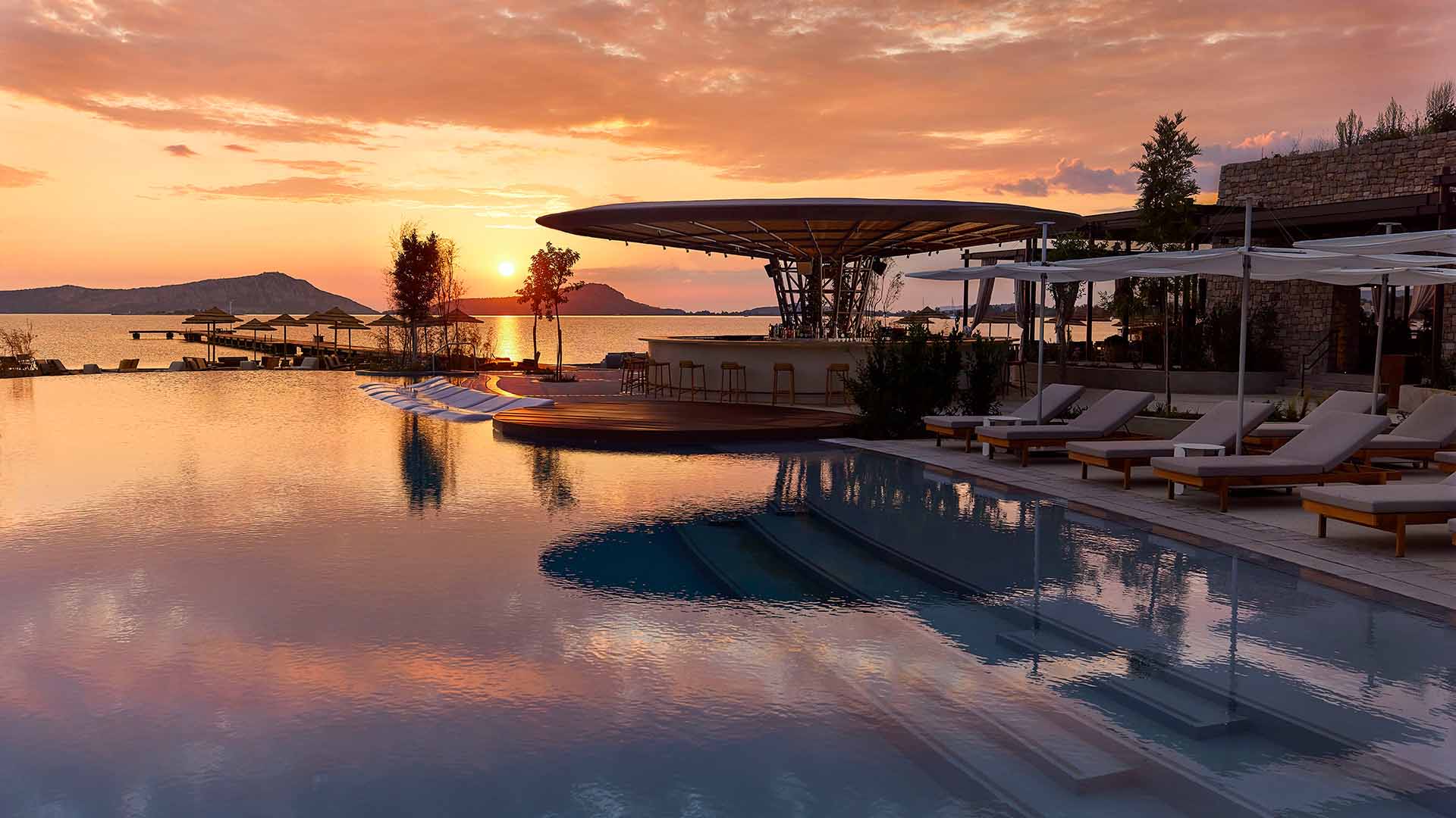 WET Deck pool bar at W Costa Navarino at sunset