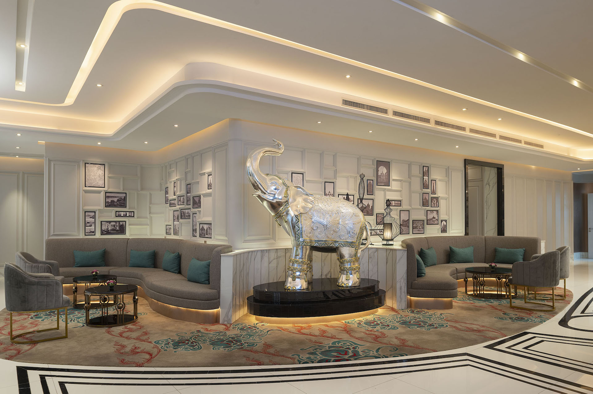 Lobby lounge with a silver elephant sculpture at the Aira Hotel, Bangkok