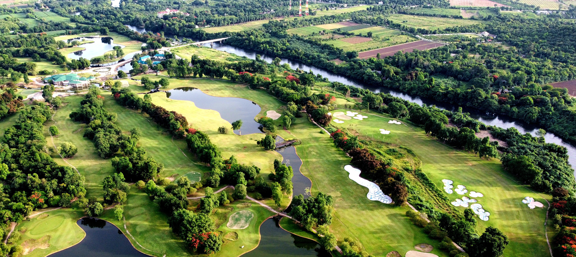 Lakes and bunkered fairways at Artitaya Golf & Resort, Kanchanaburi