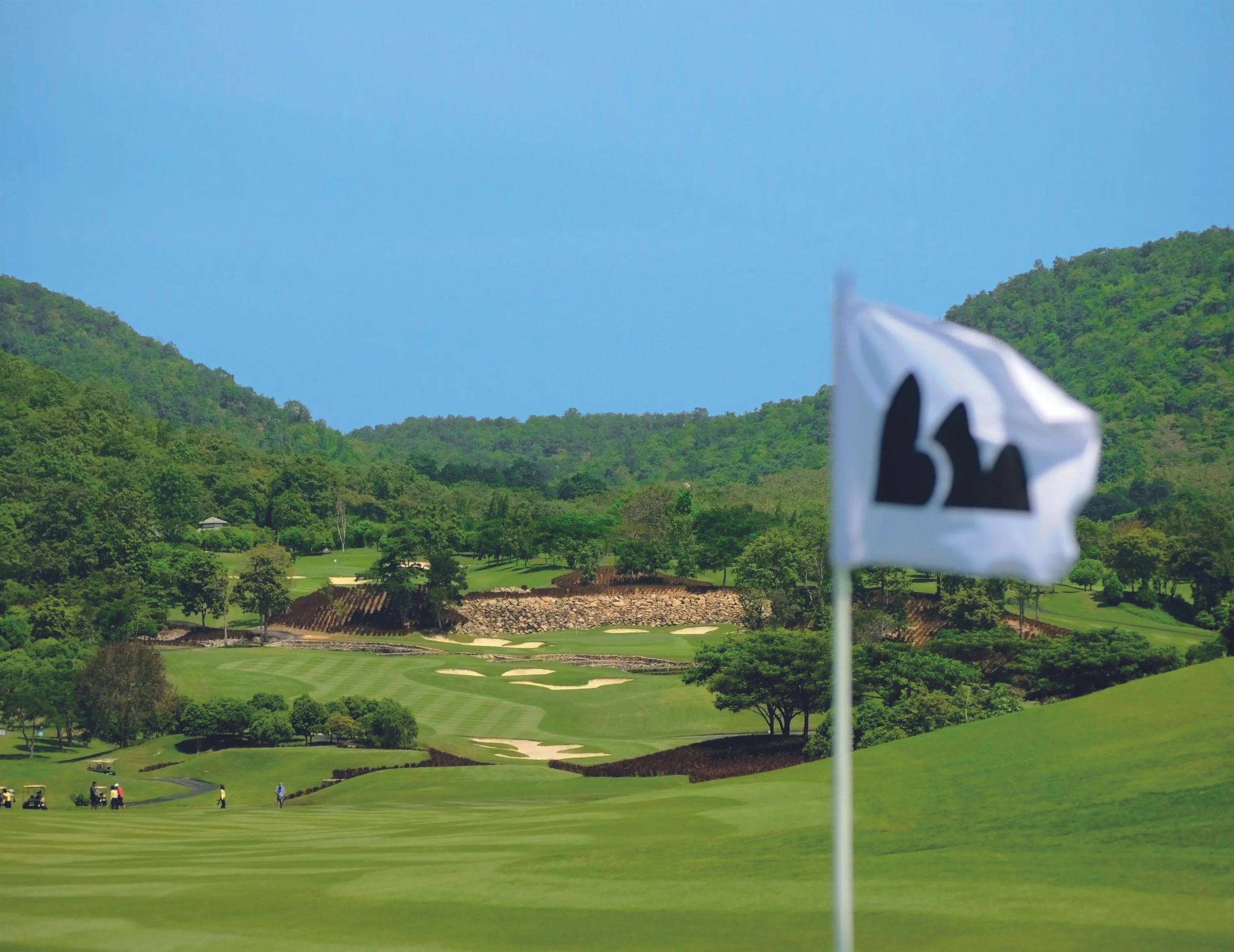 Fairway and bunkers in a wooded valley at Black Mountain Golf Club
